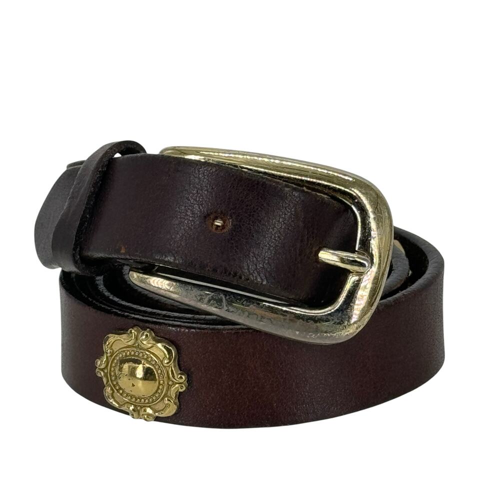 Vintage Donna Katz Women’s Skinny Belt SZ‎ L Brown Medallion Bold 80s Unique Mod